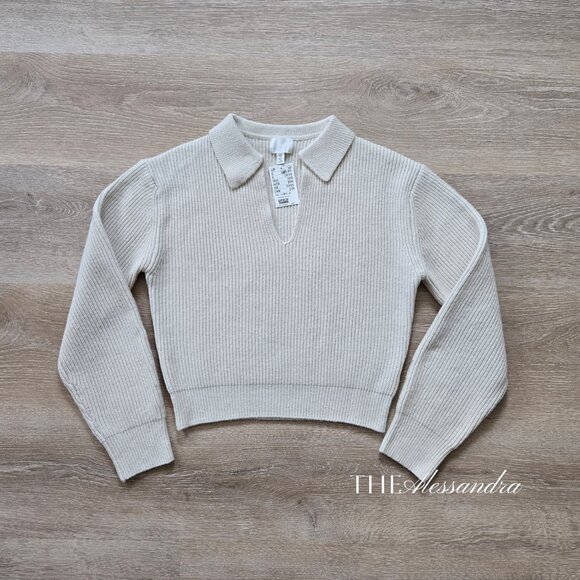 H&M Rib Knit Collared Sweater Long Sleeve Cropped Cream Size Small New With Tags - Picture 6 of 17